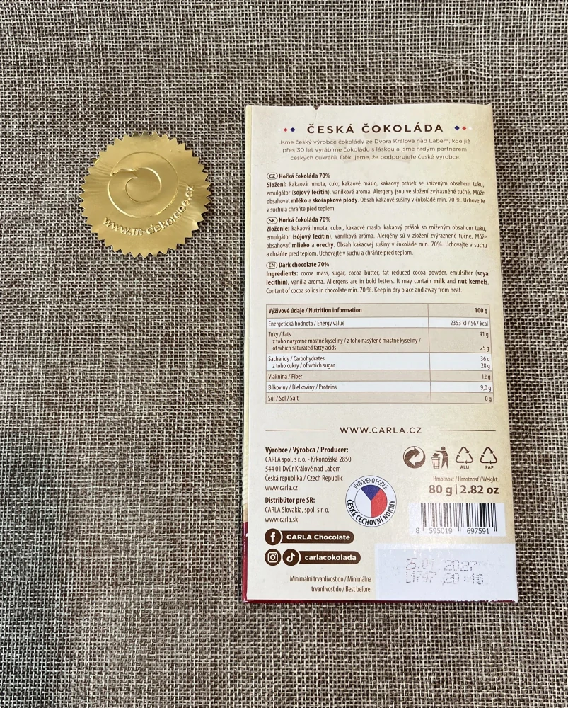 Hořká čokoláda Carla 70% 80 g